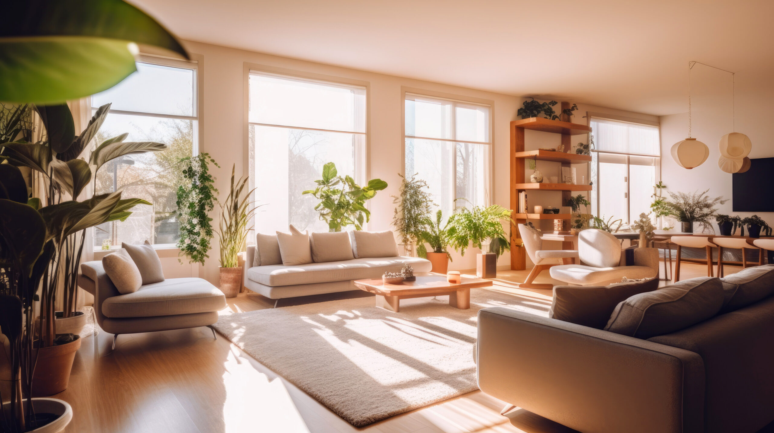 Modern living room with the sun shines through the window. Generative AI